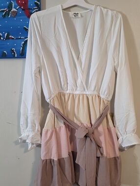 Made With Love Colorblock Tie-Waist Dress in White, Cream, Pink, Taupe